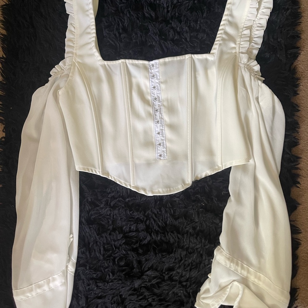 Fashion Nova White Corset Crop Top with cutouts and bell sleeves